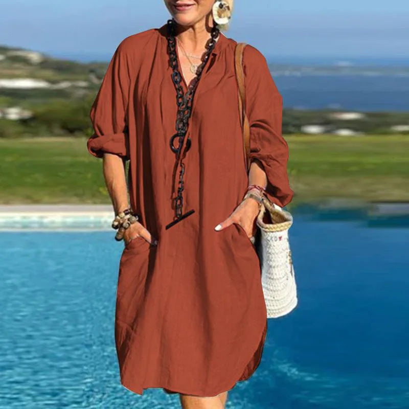 Cralom Linen V-neck Long Sleeve Irregular Slit Shirt Dress