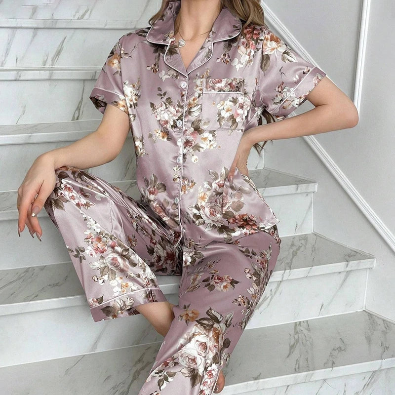 Cralom Satin Pajama Set: Short Sleeve Top & Long Pants Sleepwear