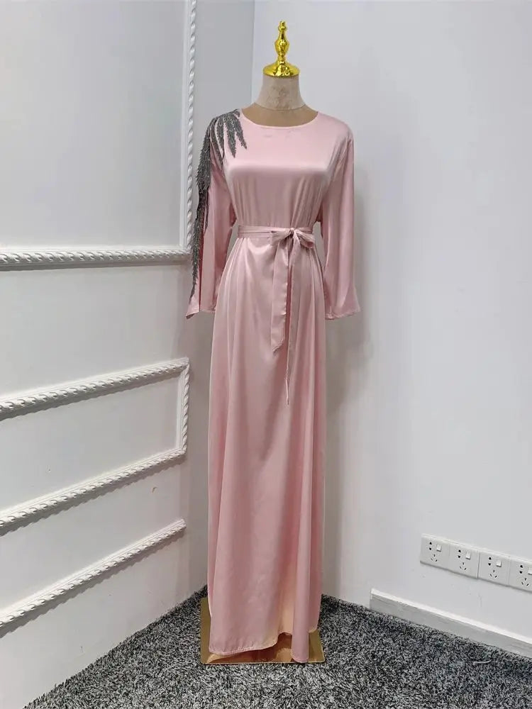 Pink Satin Ramadan Eid Abaya by Cralom - Modest Muslim Dress - Dubai Style