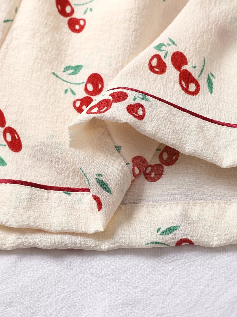 Cralom Cherry Print Pajama Set: Short Sleeve Top & Soft Elastic Shorts