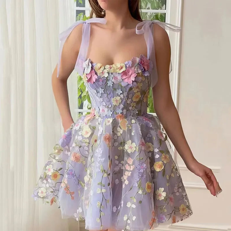 Cralom Embroidered Flower Wrap Sleeveless Sling Dress