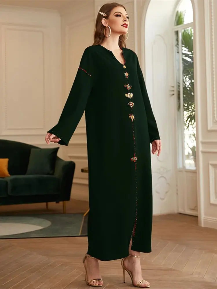 Luxury Dark Green Muslim Abaya Dress by Cralom - Eid Ramadan Dubai Robe
