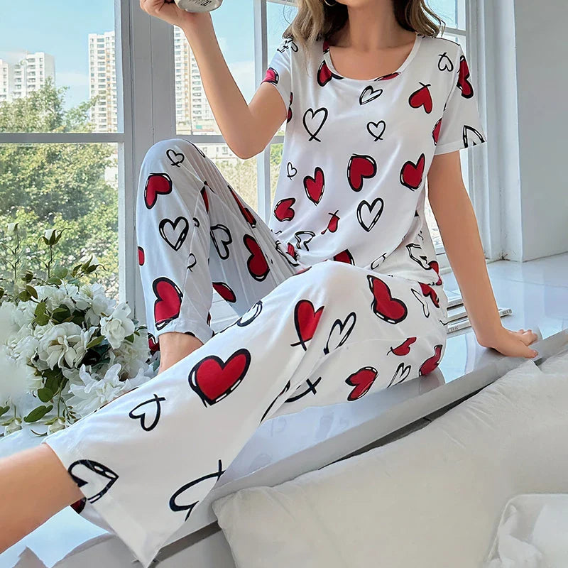 Cralom Heart Print 2Pcs Pajama Set: Tee & Pants, Summer Sleepwear