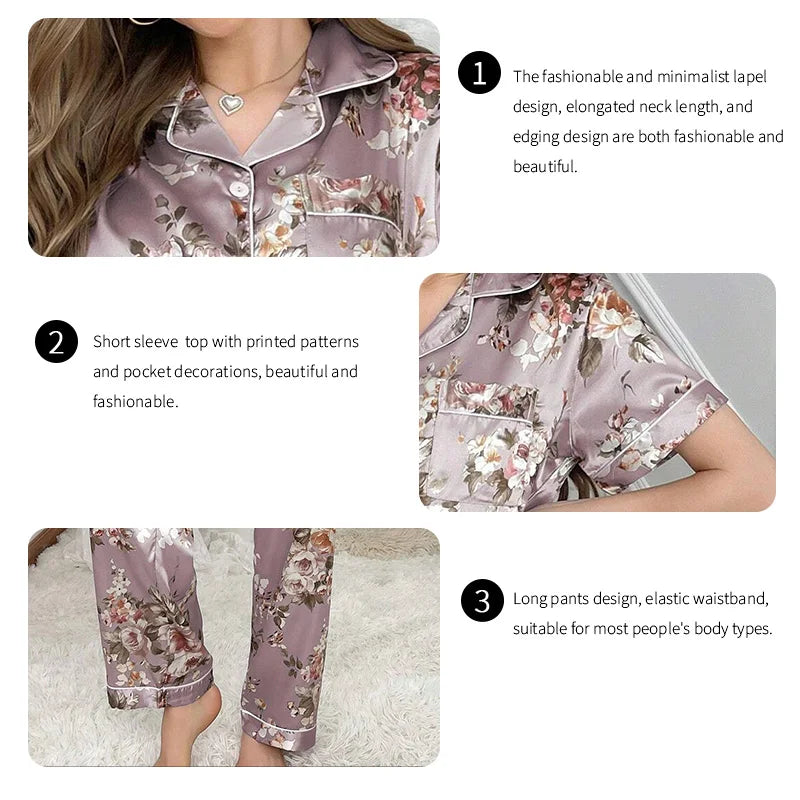 Cralom Satin Pajama Set: Short Sleeve Top & Long Pants Sleepwear