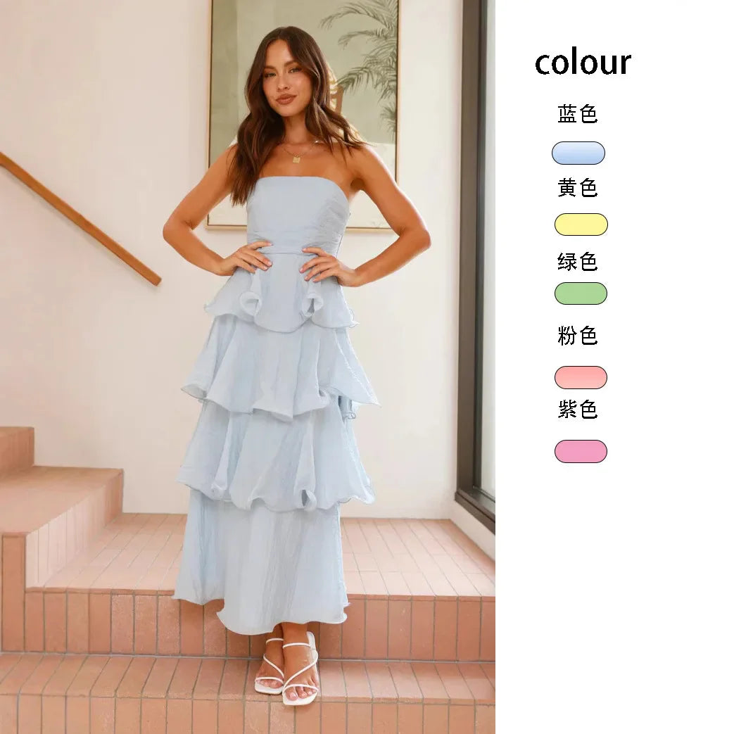 Cralom Solid Color Strapless Backless Cake Dress - 2025 Summer