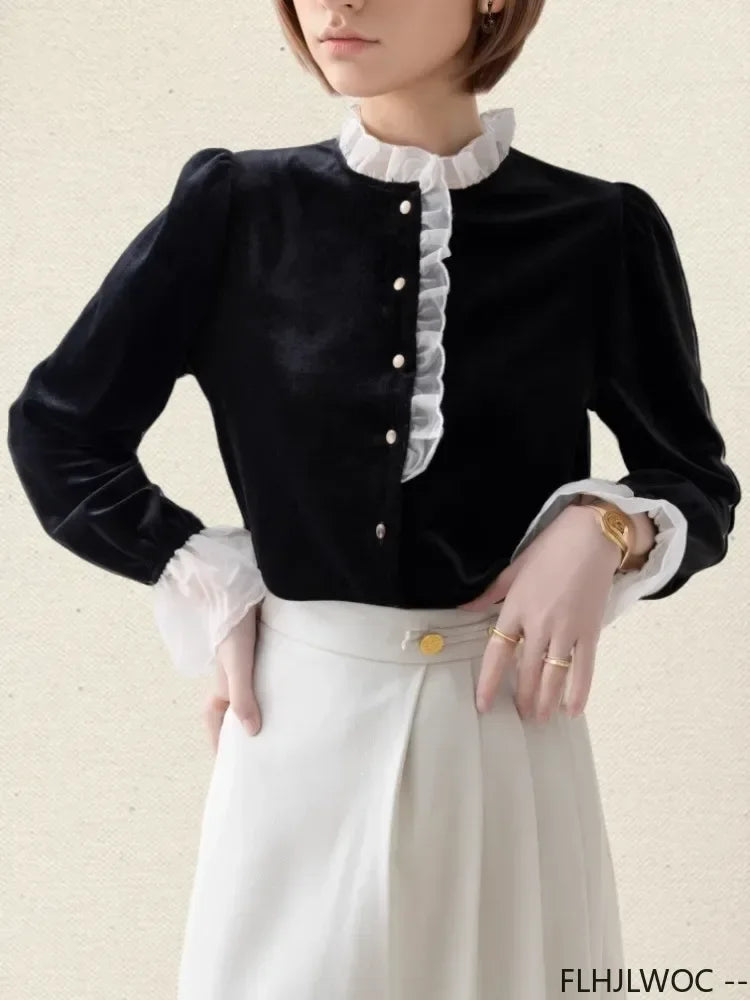 Cralom White Collar Ruffles Long Sleeve Shirt, Autumn Winter Vintage Retro Stand Top