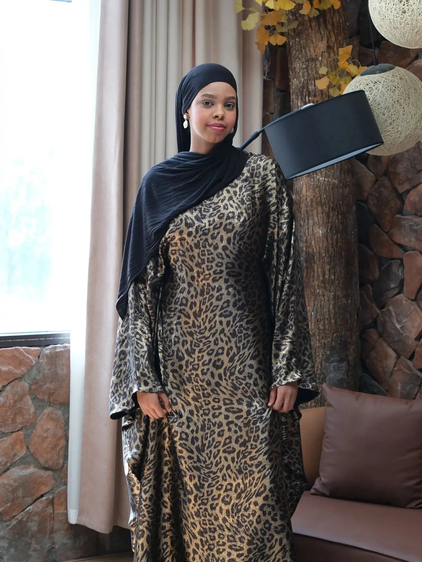Leopard Print Satin Butterfly Abaya Maxi Dress by Cralom