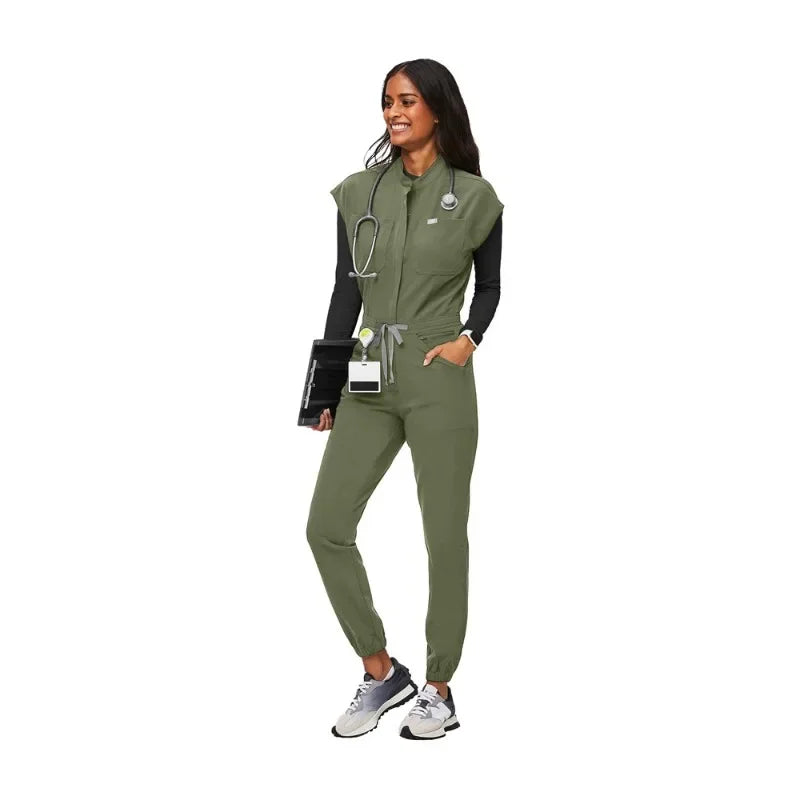 Cralom Zipper Mandarin Collar Nurse Jumpsuit - Women's Medical Uniform