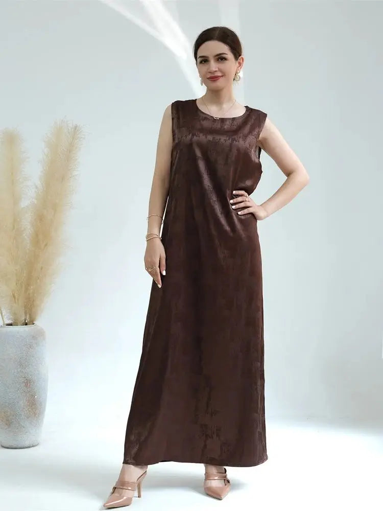 Sleeveless Satin Abaya Long Dress for Women by Cralom: Ramadan Eid Style