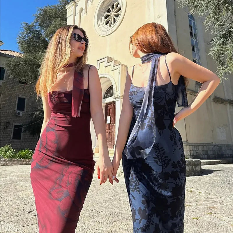 Cralom Mesh Printed Sleeveless Camisole Dress Summer 2025