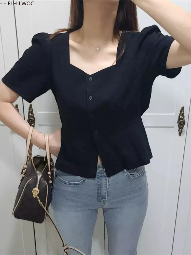 Cralom Retro Summer Crop Tops: Chic Bodycon Slim Fit Peplum Button Shirts