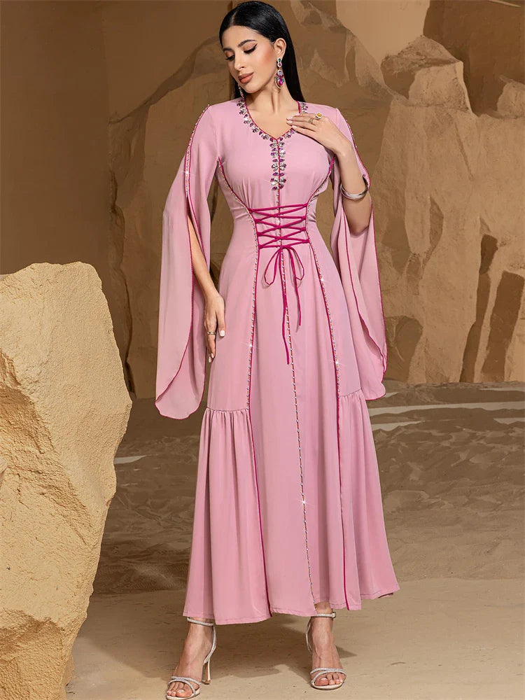 Ramadan Pink Dubai Satin Abaya Modest Muslim Prayer Dress for Women by Cralom