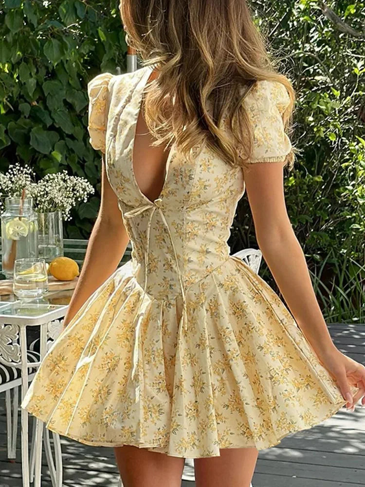 Cralom 2025 Pleated Mini Dress: Sexy Slim Fit, Floral Print, V-Neck, Short Sleeve
