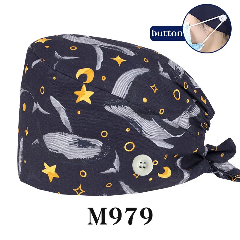 Cralom Cartoon Print Cotton Scrub Caps for Pet Grooming & Medical Professionals