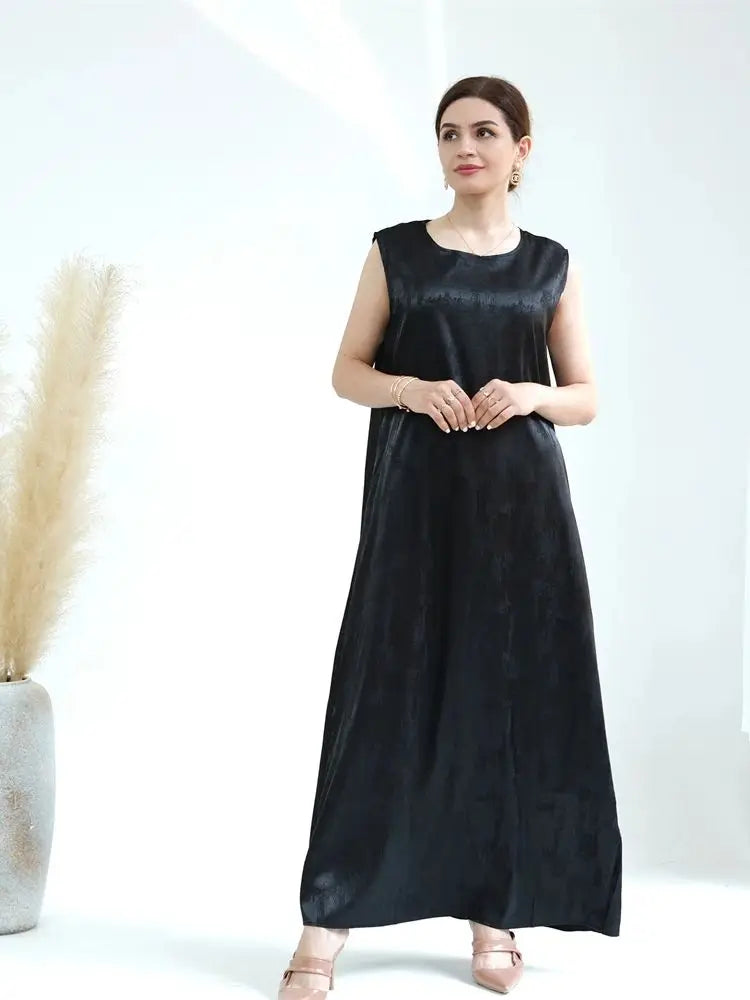 Sleeveless Satin Abaya Long Dress for Women by Cralom: Ramadan Eid Style