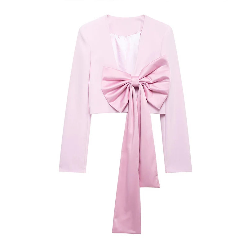 Cralom Patchwork Short Coat Deep V-Neck Long Sleeve Cropped Jacket
