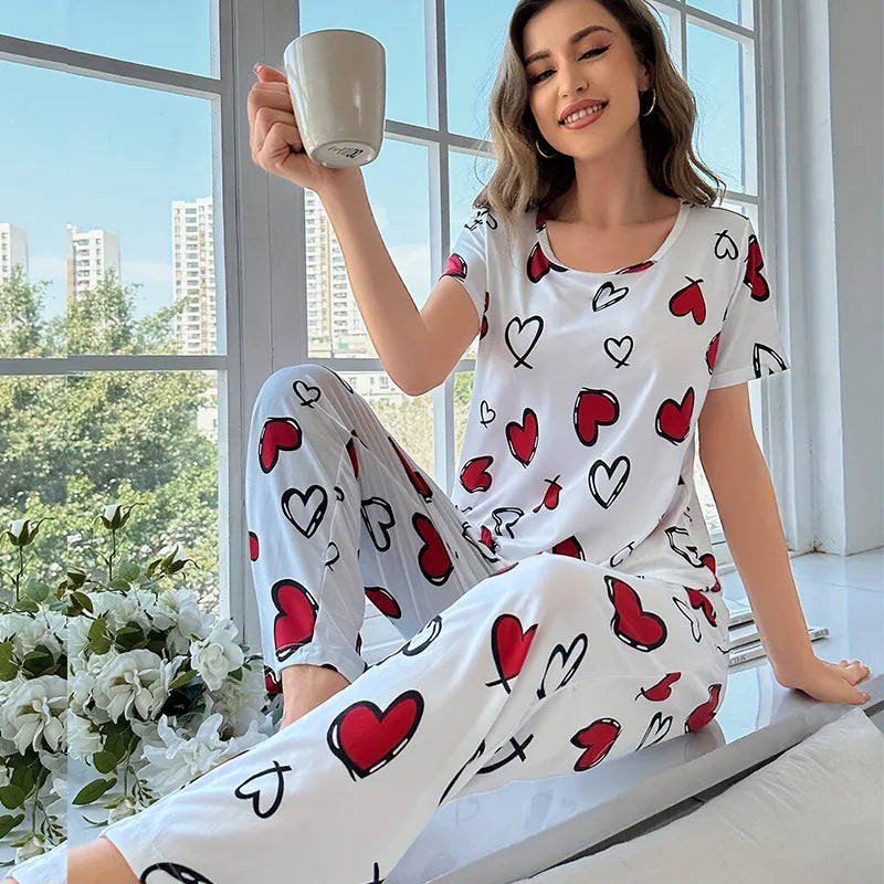 Cralom Heart Print 2Pcs Pajama Set: Tee & Pants, Summer Sleepwear