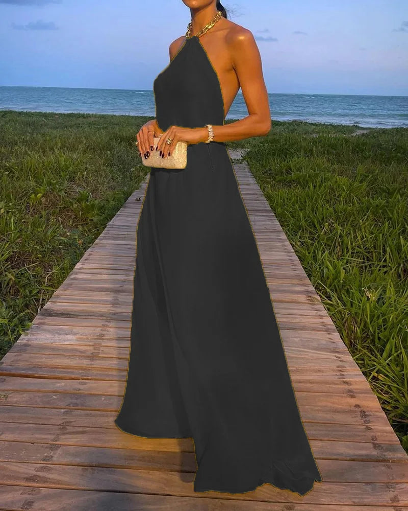 Cralom Solid Color Hanging Neck Long Dress