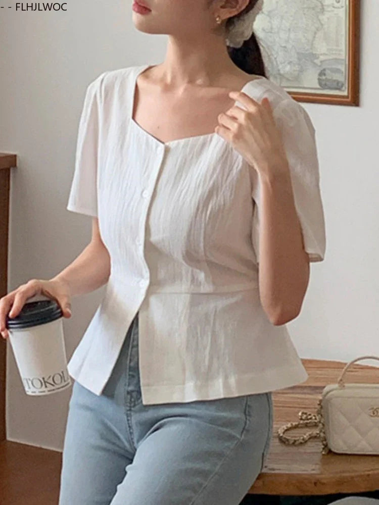 Cralom Retro Summer Crop Tops: Chic Bodycon Slim Fit Peplum Button Shirts