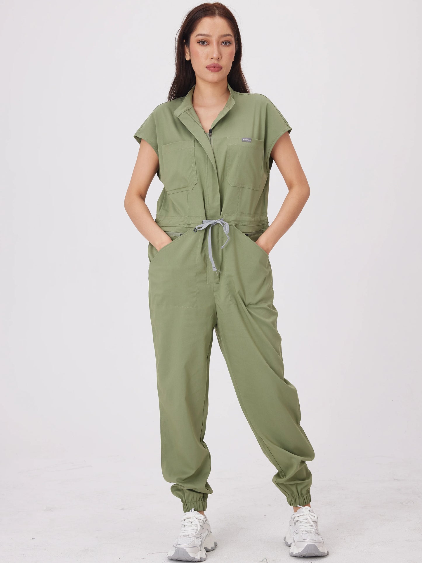 Cralom Short-Sleeve Scrub Jumpsuit with Pocket