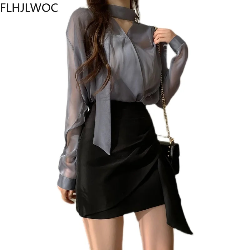Cralom Sheer Bow Tie Blouse - Elegant Office Chic Fashion for Women