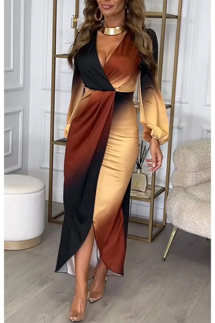 Cralom Gradient V-Neck Long Sleeve Dress - 2025 Autumn Fashion