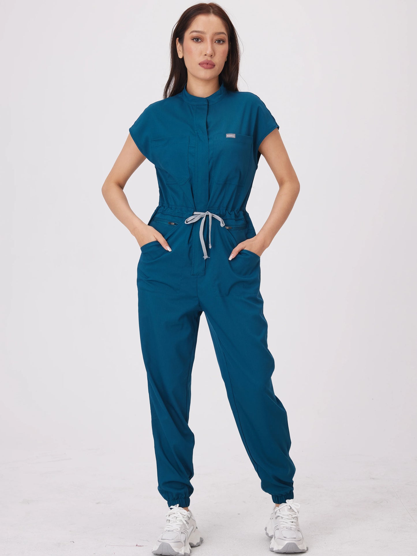 Cralom Short-Sleeve Scrub Jumpsuit with Pocket