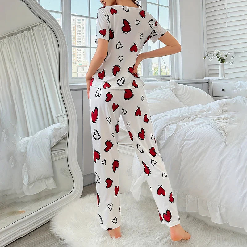 Cralom Heart Print 2Pcs Pajama Set: Tee & Pants, Summer Sleepwear
