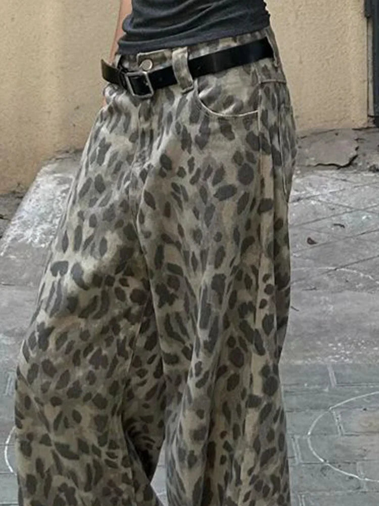 Cralom Vintage Distressed Leopard Jeans: High Waist Wide Leg Pants
