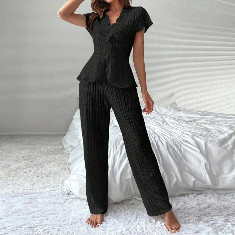 Cralom Women's Elegant Pajama Set Short Sleeve V-Neck Top & Pant Comfortable Loungewear