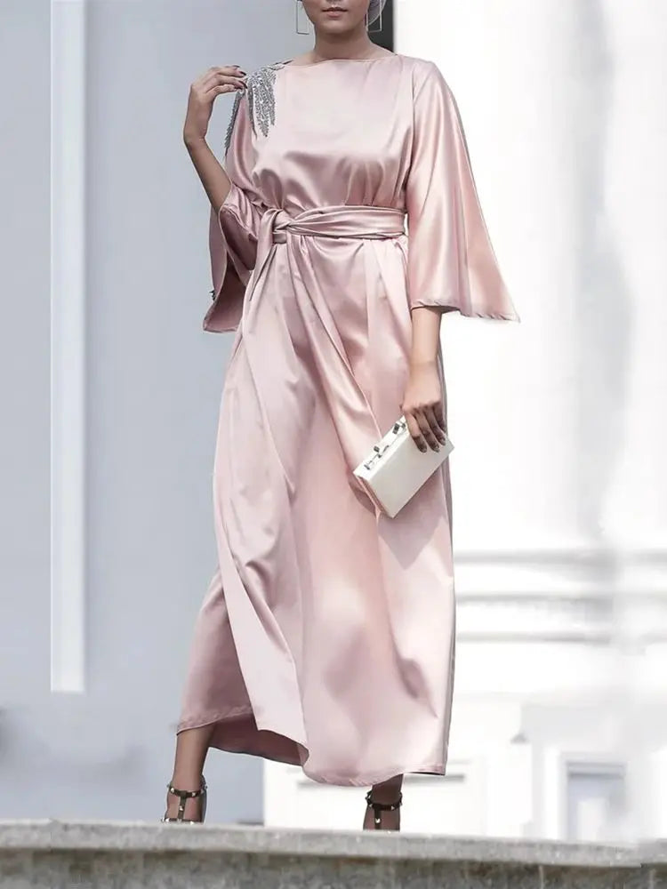 Pink Satin Ramadan Eid Abaya by Cralom - Modest Muslim Dress - Dubai Style