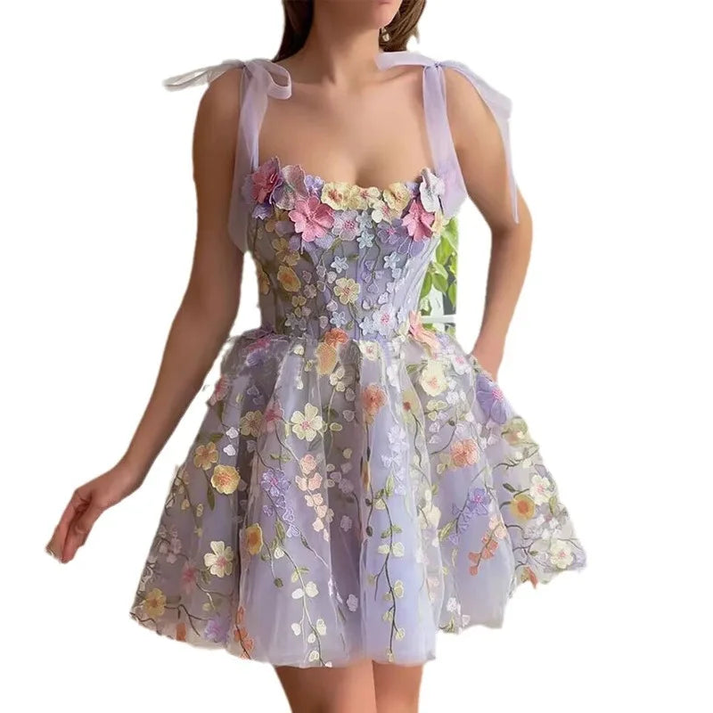 Cralom Embroidered Flower Wrap Sleeveless Sling Dress