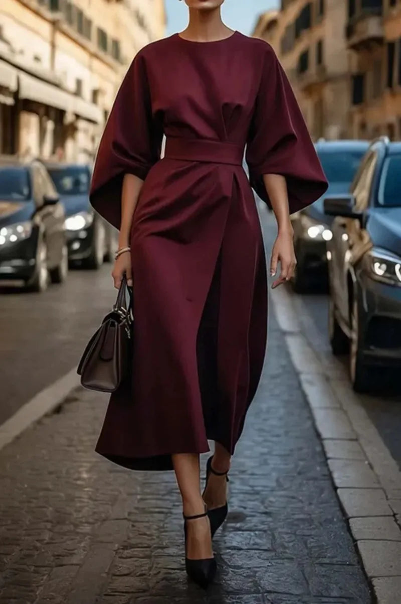 Cralom Solid Color Waist Cinched Batwing Sleeve Long Dress - 2025 Autumn