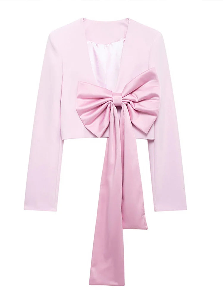 Cralom Patchwork Short Coat Deep V-Neck Long Sleeve Cropped Jacket