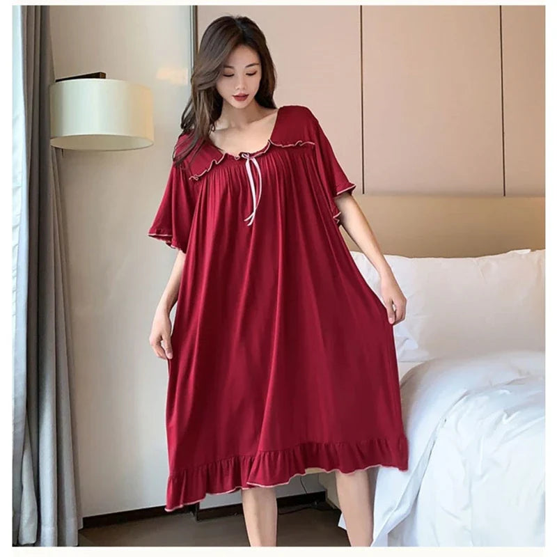 Cralom Short-Sleeve Nightgown: Plus Size, Breathable Fabric, Crew Neck, Bow Decor, Summer Sleepwear