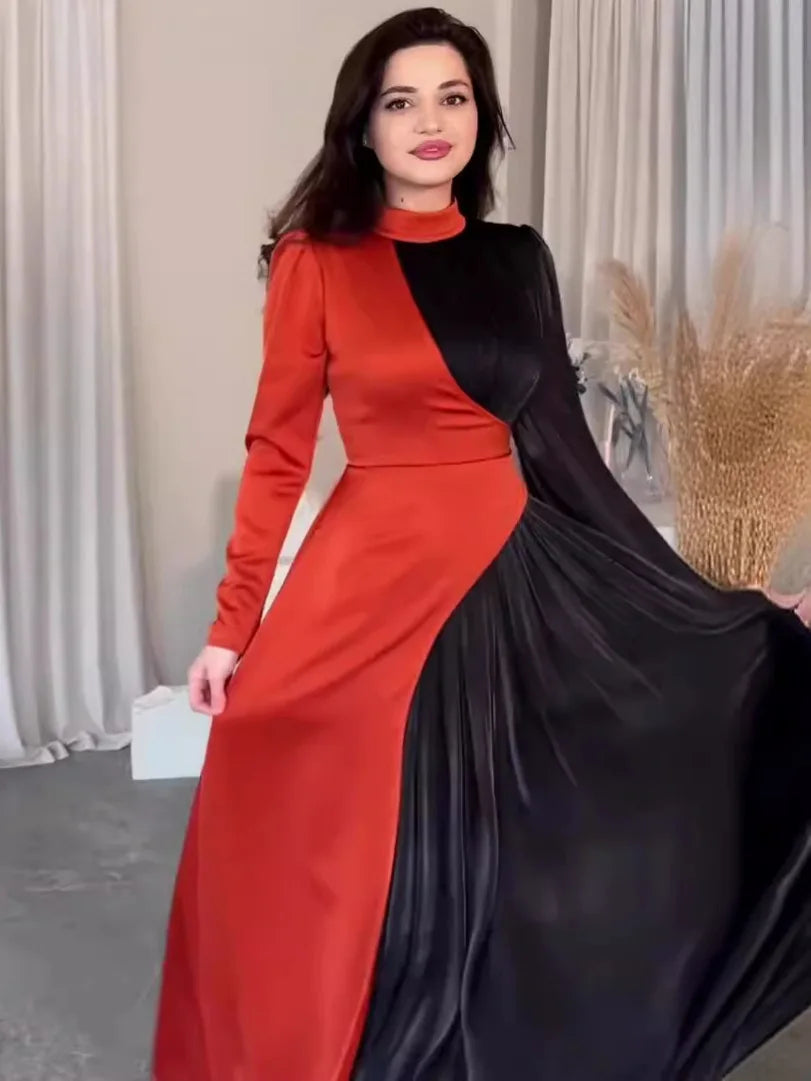 Cralom Retro Dress: Round Neck Long Sleeve Slim Fit High Waist 2025 Autumn