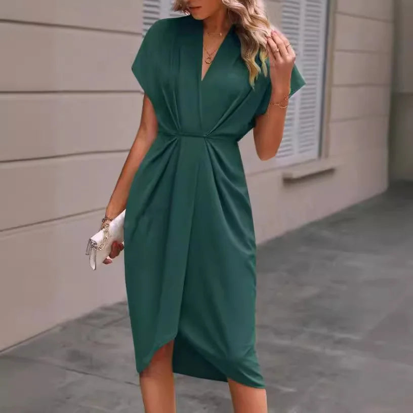 Cralom Short Sleeve V-Neck Dress with Waist Tie - Summer 2025