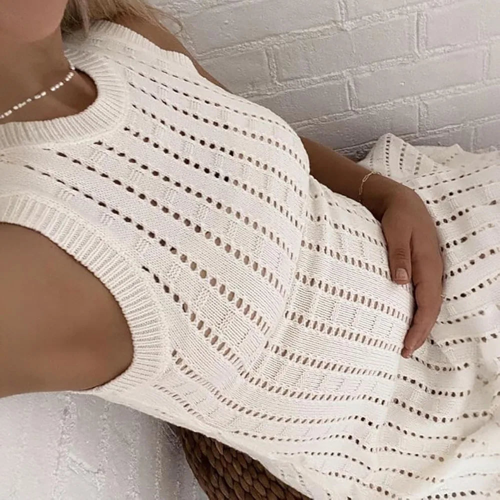 Cralom Knitted Hollow Sleeveless Beach Cover Dress - Summer 2025