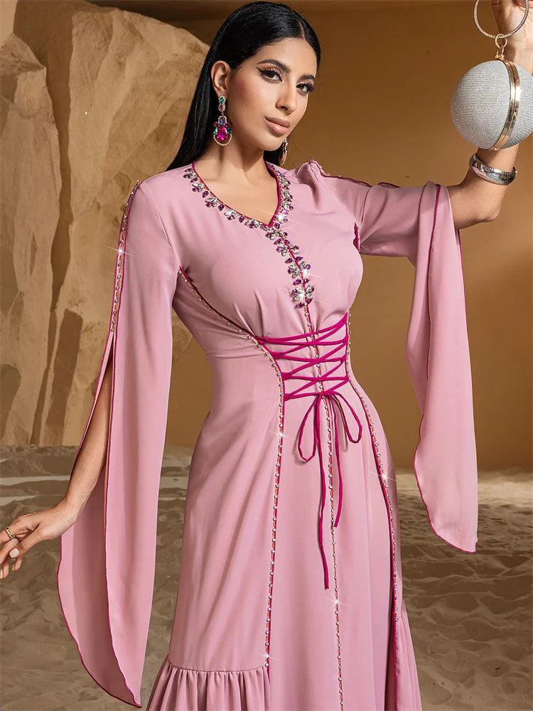 Ramadan Pink Dubai Satin Abaya Modest Muslim Prayer Dress for Women by Cralom