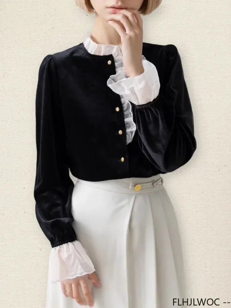 Cralom White Collar Ruffles Long Sleeve Shirt, Autumn Winter Vintage Retro Stand Top