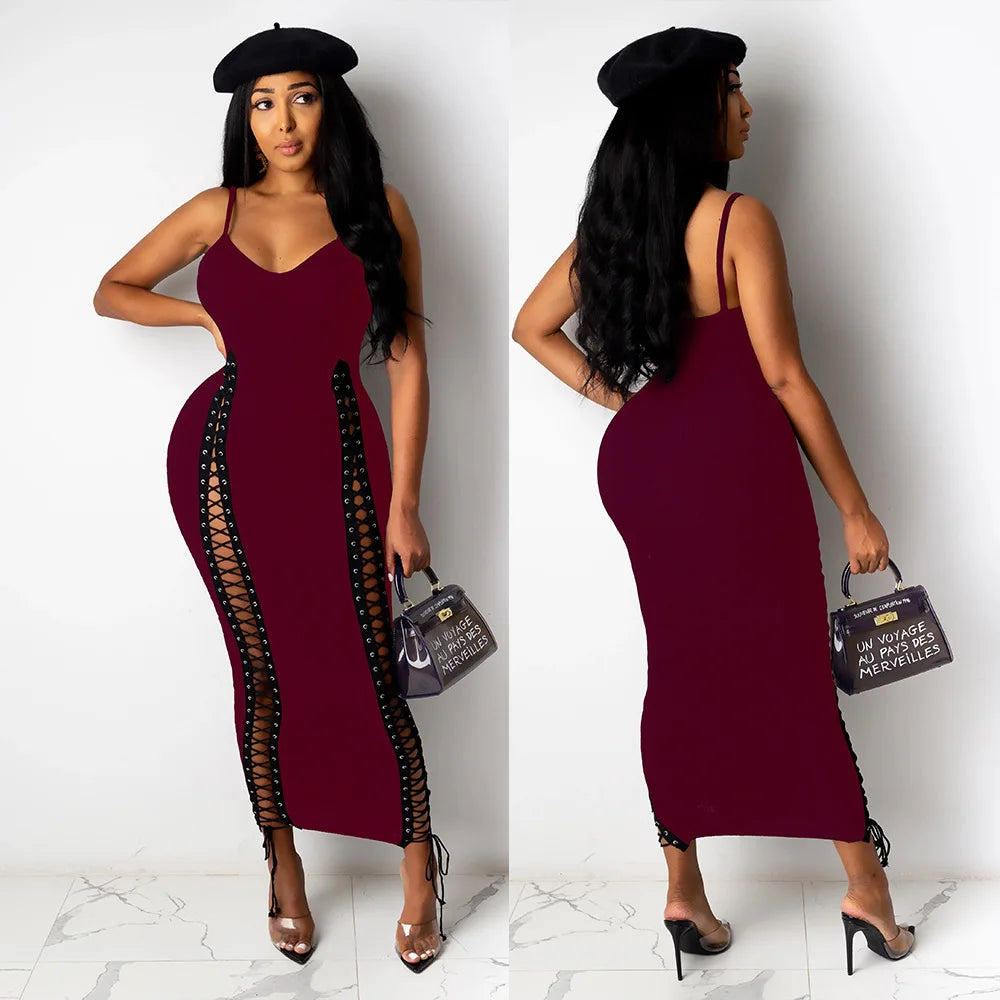 Cralom Solid Color V-Neck Suspender Dress Nightclub Chic Hollowed Out Strap Midi