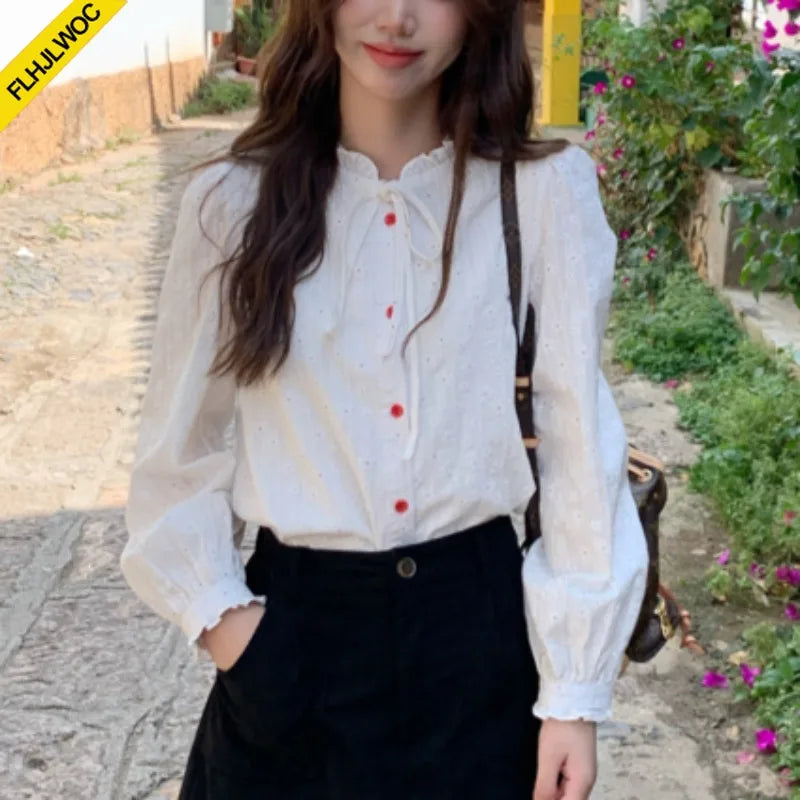 Cralom Cotton Ruffles Bow Tie Blouse - White Chic Fashion Shirt