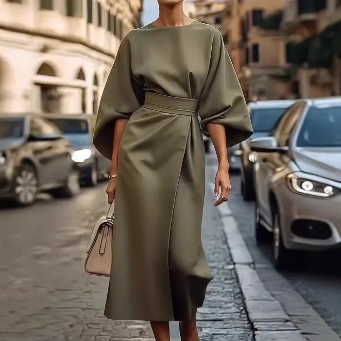 Cralom Solid Color Waist Cinched Batwing Sleeve Long Dress - 2025 Autumn