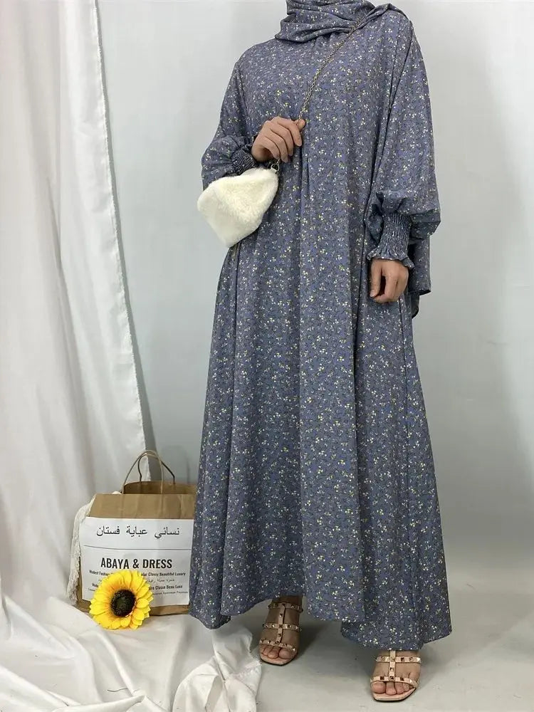 Ramadan Floral Print Abaya Hooded Kaftan by Cralom: Elegant Muslim Dress for Women