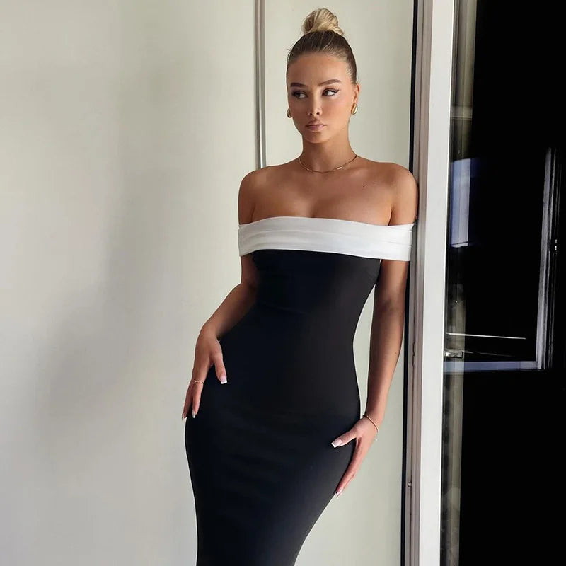 Cralom One-Shoulder Sexy Summer Dress with Contrasting Colors and Slim Fit