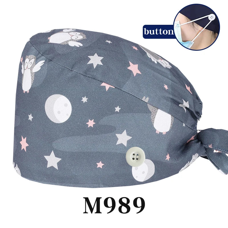 Cralom Cartoon Print Cotton Scrub Caps for Pet Grooming & Medical Professionals