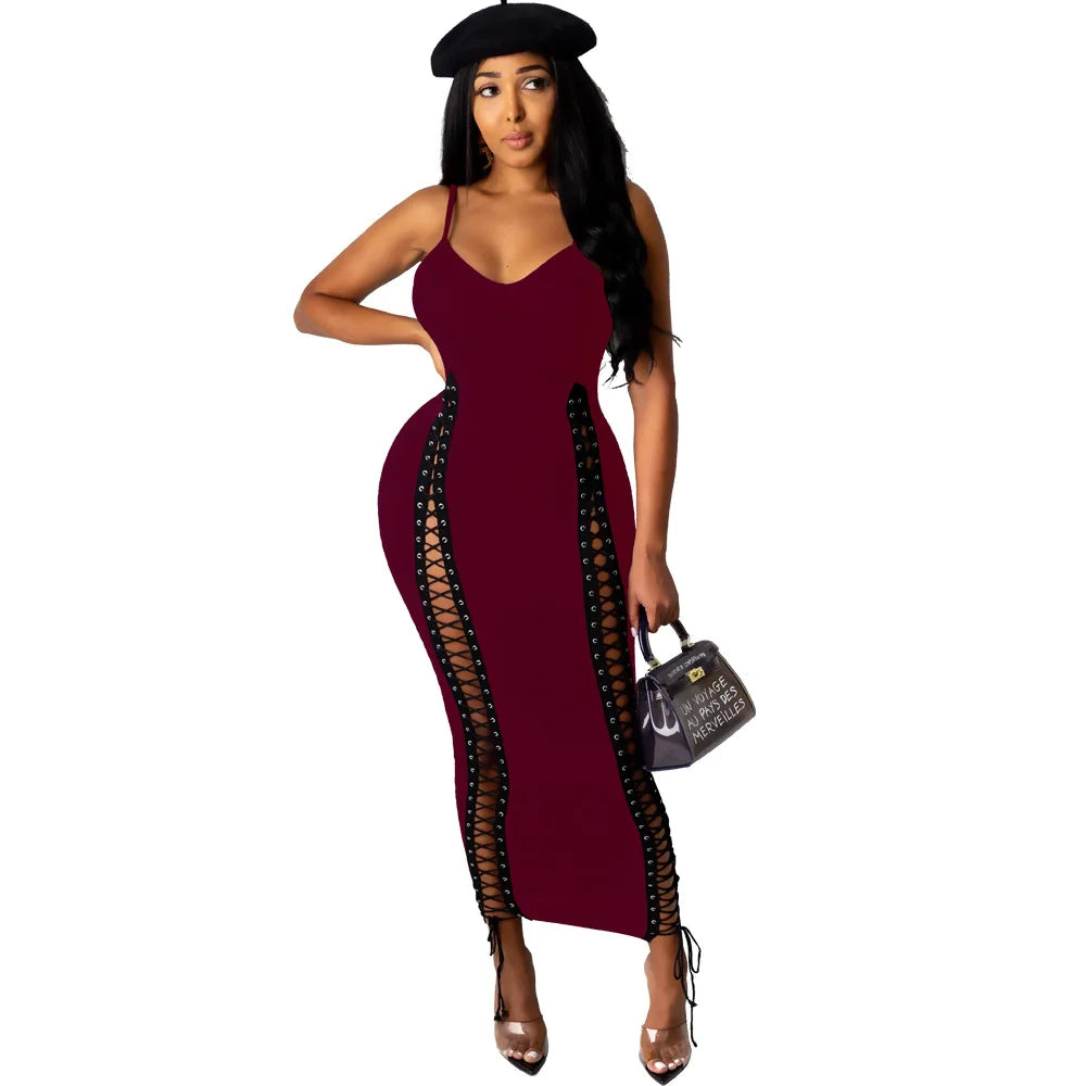 Cralom Solid Color V-Neck Suspender Dress Nightclub Chic Hollowed Out Strap Midi