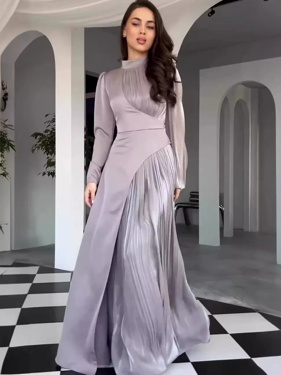 Cralom Retro Dress: Round Neck Long Sleeve Slim Fit High Waist 2025 Autumn