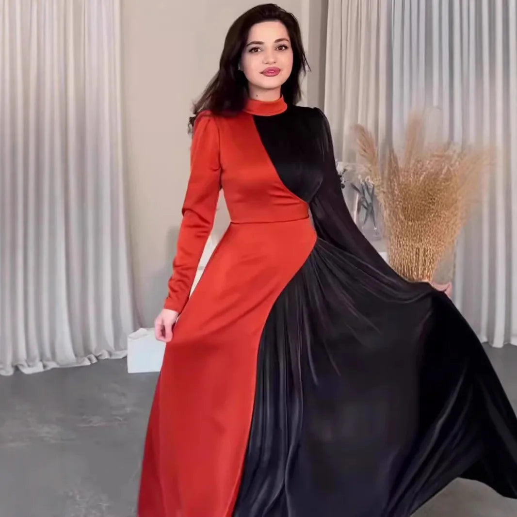 Cralom Retro Dress: Round Neck Long Sleeve Slim Fit High Waist 2025 Autumn