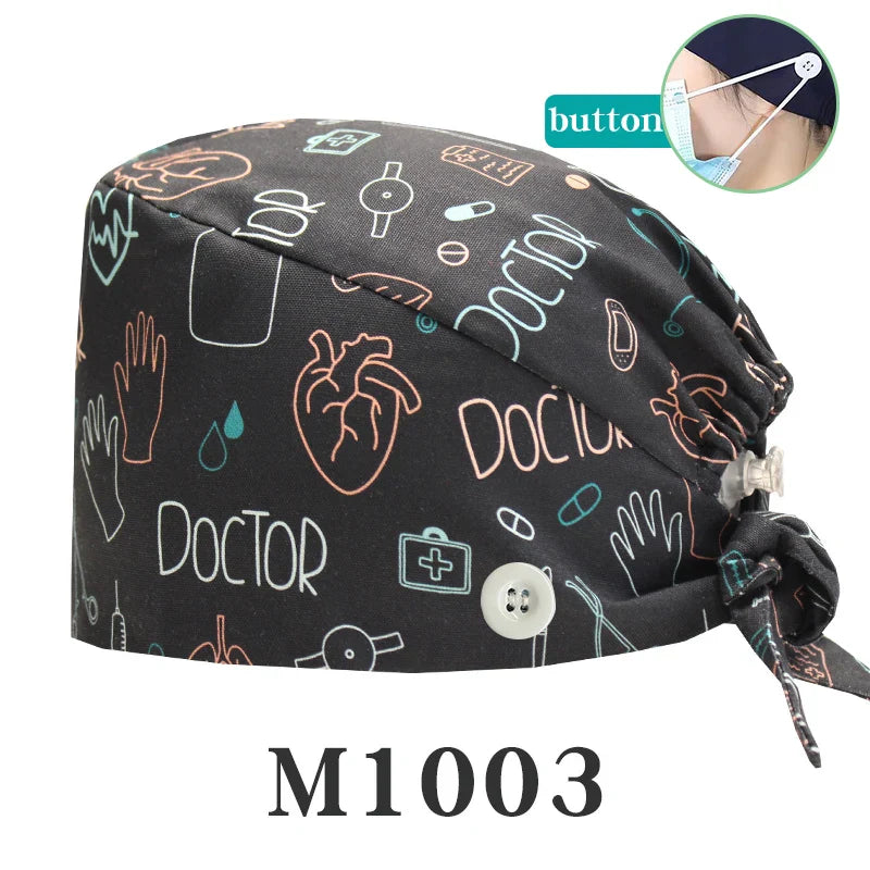 Cralom Cartoon Print Cotton Scrub Caps for Pet Grooming & Medical Professionals